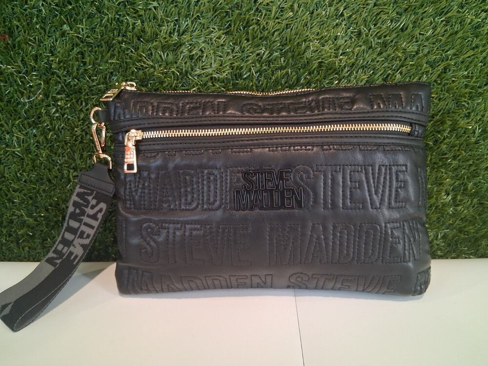 Steve Madden Black Embossed Logo Wristlet Clutch Pouch Bag Gold Hardware